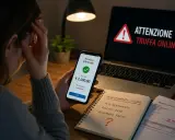 Disperazione dopo aver fatto un bonifico e scoperto che ho fatto una truffa online. Il telefono mostra "Bonifico effettuato", ma il laptop avverte "ATTENZIONE TRUFFA ONLINE".