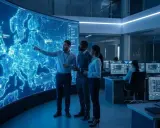 Team analizza mappa Europa luminosa su schermo gigante. Usando il cloud computing sappiamo dove risiedono i dati, monitorando flussi globali.