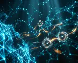 Rete di punti luminosi blu collegati, con sfere luminose e filamenti dorati che attraversano l'air gap.