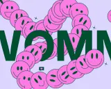 Smiley rosa formano un cerchio attorno alle lettere "WOMM". Un fumetto con "Q HOW TO?" suggerisce una strategia di brand advocacy.
