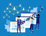 Persone creano collegamenti tra siti web, illustrando il link building significato per la crescita online.