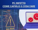 Un laptop viola mostra due icone rosse di virus, simbolo di un dispositivo informatico colpito da malware. Sullo sfondo, codice binario e un avviso di malware.