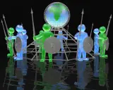 Un **firewall umano** protegge il globo. Figure stilizzate verdi e blu, armate di lance e scudi, circondano la Terra.