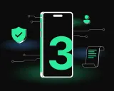 Smartphone con il numero 3, scudo di sicurezza, icona utente e documento. Simboli di un futuro web 3.