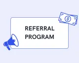 Un megafono annuncia un "Referral Program". Banconote con simbolo del dollaro suggeriscono guadagni. Scopri cos'è un codice referral per invitare amici e guadagnare!