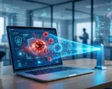 Schermo di un laptop mostra un'interfaccia di sicurezza con virus digitali. Un fascio di luce blu colpisce i virus, simboleggiando la protezione. Capire cos'è un rootkit è fondamentale per la cybersecurity.