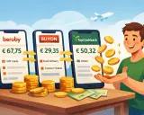 Un ragazzo felice riceve monete d'oro da app di cashback. Scopri cos'è il cashback e come funziona per risparmiare su gift cards, cibo e hotel.