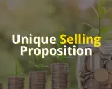 Piante che crescono da pile di monete, con un barattolo pieno di denaro a destra. Testo: "Unique Selling Proposition".