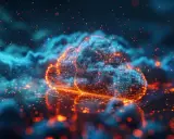 Nuvola digitale luminosa, simbolo di cloud computing e dei suoi rischi. Particelle arancioni e blu fluttuano in un'atmosfera eterea.