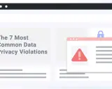Schermata con avviso di sicurezza e testo "The 7 Most Common Data Privacy Violations", che illustra esempi di violazione della privacy.
