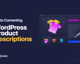 Descrizione prodotto: T-shirt colorate in un'interfaccia web, con testo che suggerisce come scrivere descrizioni di prodotto efficaci per WordPress.