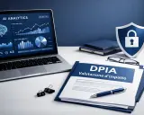 Scrivania con laptop che mostra analisi AI, documenti DPIA e uno scudo con lucchetto, simboli di privacy e valutazione d'impatto.