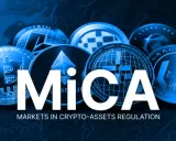 Monete di criptovalute come Bitcoin ed Ethereum circondano la scritta "MiCA", che sta per Markets in Crypto-Assets Regulation.