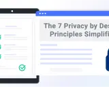 Schermata di un tablet con elenco spuntato e finestra web che illustra i principi di privacy by design, con un lucchetto.