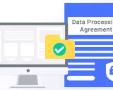 Accordo di elaborazione dati (DPA): un computer mostra un'icona di cartella con segno di spunta, accanto a un documento con lucchetto.