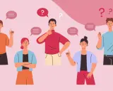 Persone pensierose con punti interrogativi e fumetti, un'illustrazione che evoca la ricerca di risposte e la **seo semantica**.