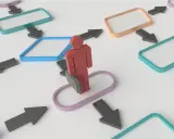 Schema di governance, risk and compliance con un omino rosso al centro, circondato da frecce e riquadri colorati che indicano flussi e processi.