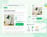 Il marketing di affiliazione cos'è? Un blog mostra una lampada, un link affiliato porta a un negozio online con guadagni.