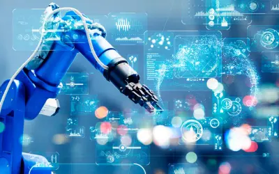 Braccio robotico blu interagisce con interfacce digitali futuristiche, simboleggiando il piano transizione 4.0 e l'automazione industriale.