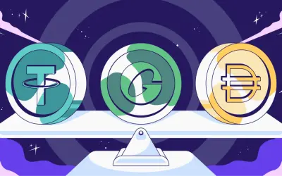 Bilancia con tre monete digitali: Tether, Gemini Dollar e DAI. Capire cosa sono gli stablecoin è fondamentale per navigare nel mondo crypto.