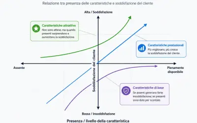 Grafico del modello di Kano che illustra la relazione tra presenza di caratteristiche e soddisfazione del cliente, con curve per caratteristiche attrattive, prestazionali e di base.