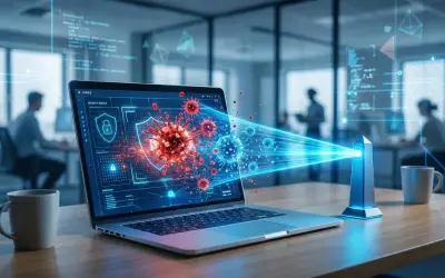 Schermo di un laptop mostra un'interfaccia di sicurezza con virus digitali. Un fascio di luce blu colpisce i virus, simboleggiando la protezione. Capire cos'è un rootkit è fondamentale per la cybersecurity.