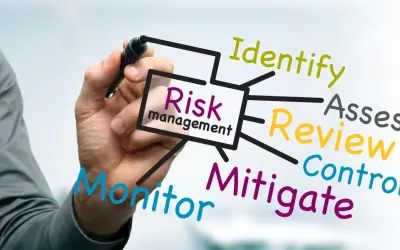 Un diagramma illustra i passaggi del **risk management ISO 31000**: Identify, Assess, Review, Control, Mitigate, Monitor.