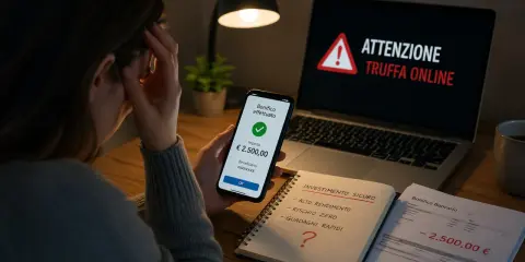 Disperazione dopo aver fatto un bonifico e scoperto che ho fatto una truffa online. Il telefono mostra "Bonifico effettuato", ma il laptop avverte "ATTENZIONE TRUFFA ONLINE".