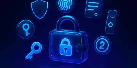 Icone di sicurezza digitale: lucchetto, chiave, impronta digitale, scudo, documento e numero 2. Attenzione ai criptovalute: rischi.
