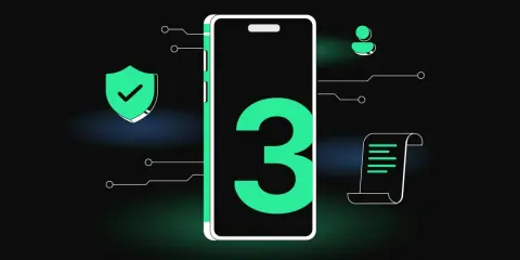 Smartphone con il numero 3, scudo di sicurezza, icona utente e documento. Simboli di un futuro web 3.