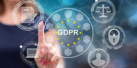Interfaccia digitale con icone che rappresentano la protezione dei dati, il GDPR e il **dato biometrico**.