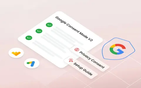 Google Consent Mode v2: un foglio con spunte verdi, icone di Google Ads e un logo Google protetto da uno scudo.