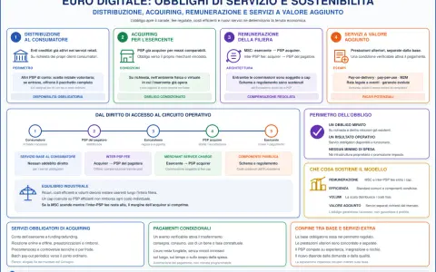 Euro digitale: obblighi di servizio e sostenibilità. Il percorso del denaro, dalla distribuzione all'esercente, quando si parla di euro digitale.
