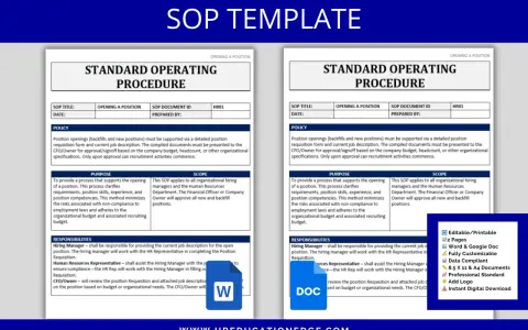 Modello di procedura operativa standard (SOP) per l'apertura di una posizione, con dettagli su policy, scopo e responsabilità.
