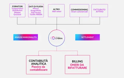 Diagramma di flusso che illustra i processi di contabilità fornitori, dall'analisi dei dati alla fatturazione e al settlement.