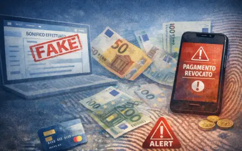Laptop con "BONIFICO EFFETTUATO" e timbro "FAKE". Denaro, carta di credito e smartphone con "PAGAMENTO REVOCATO" indicano una truffa, un bonifico falso.