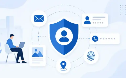 Un uomo al computer protegge i suoi dati particolari: email, foto, posizione, impronta digitale, contatti e profilo.