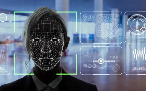 Riconoscimento facciale per dati biometrici e sicurezza. Un volto femminile è sovrapposto a una griglia wireframe, circondato da grafici e dati.