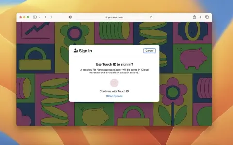 Finestra di accesso con Touch ID per un passkey Apple. L'autenticazione biometrica semplifica l'accesso ai tuoi account.