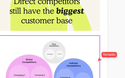 Analisi dei concorrenti: i diretti dominano la base clienti. Il grafico mostra concorrenti diretti, indiretti e altri, con aziende specifiche.