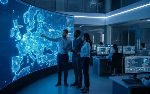Team analizza mappa Europa luminosa su schermo gigante. Usando il cloud computing sappiamo dove risiedono i dati, monitorando flussi globali.