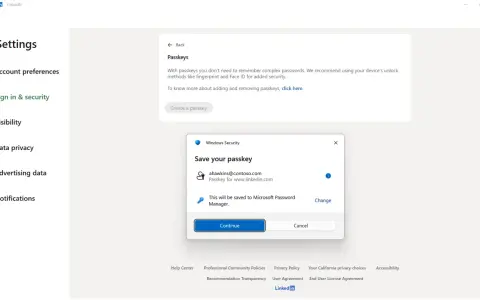 Configurazione di LinkedIn: creazione di un passkey Microsoft per un accesso più sicuro.