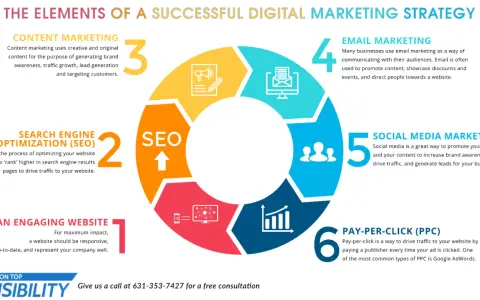 Schema di una **marketing strategia** digitale: SEO, content, email, social media, PPC e sito web.