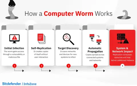 Ecco che cos’è il "worm": un'infografica spiega come si diffonde, si replica e impatta sistemi e reti, consumando risorse.