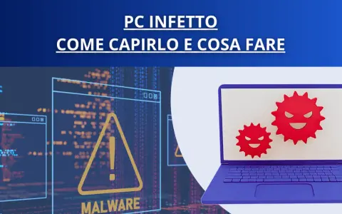 Un laptop viola mostra due icone rosse di virus, simbolo di un dispositivo informatico colpito da malware. Sullo sfondo, codice binario e un avviso di malware.