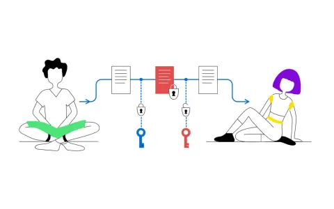 Un uomo e una donna scambiano dati sicuri tramite blockchain. Un keychain Android potrebbe gestire le chiavi.