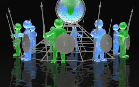 Un **firewall umano** protegge il globo. Figure stilizzate verdi e blu, armate di lance e scudi, circondano la Terra.