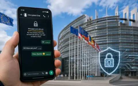 Smartphone con chat crittografata davanti al Parlamento Europeo. La sicurezza delle comunicazioni nell'UE è fondamentale.