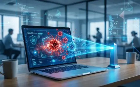 Schermo di un laptop mostra un'interfaccia di sicurezza con virus digitali. Un fascio di luce blu colpisce i virus, simboleggiando la protezione. Capire cos'è un rootkit è fondamentale per la cybersecurity.