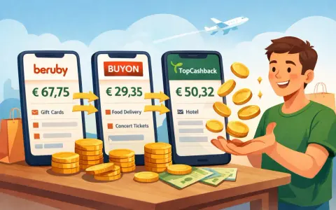 Un ragazzo felice riceve monete d'oro da app di cashback. Scopri cos'è il cashback e come funziona per risparmiare su gift cards, cibo e hotel.